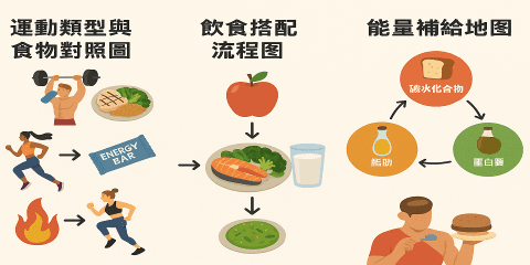 不同運動類型對營養的需求與補給策略差異極大。透過對照表的方式，可以快速掌握「你練什麼，就該怎麼吃」，避免吃錯方向導致訓練效果打折。