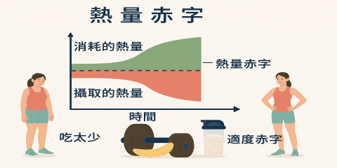 在許多減脂嘗試中，「吃得越少就會瘦得越快」的迷思非常普遍。然而，真正導致脂肪減少的關鍵在於是否建立了「熱量赤字」——也就是攝取熱量低於每日消耗。若只是盲目節食、亂壓總量，不但容易失去肌肉、讓代謝變慢，還可能使情緒低落、運動無力。本節將說明熱量赤字的原理、建立方法與執行建議，幫助你用更科學的方式達成減脂目標。